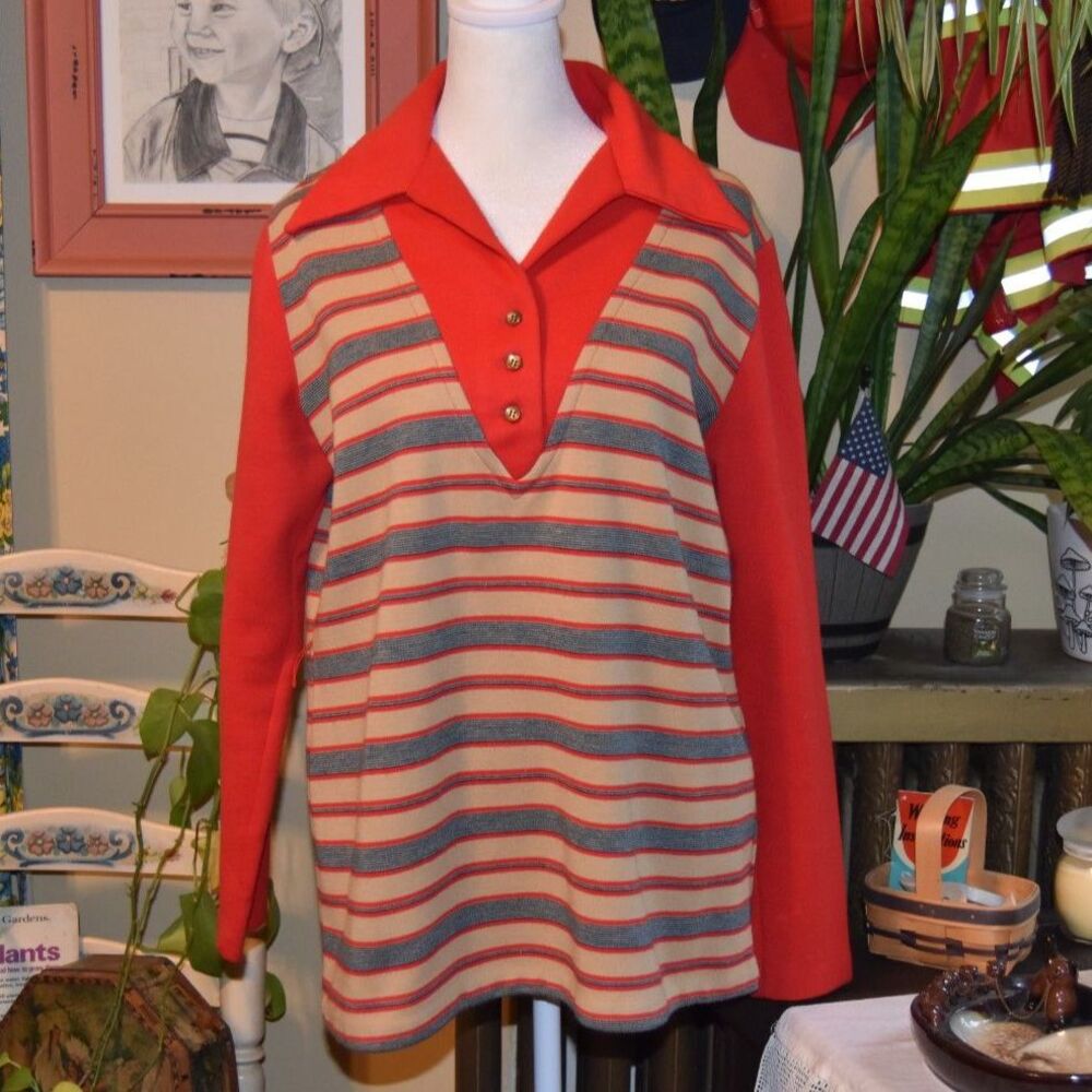 Vintage 1970s Sears & Roebuck LS Pullover Striped Shirt Pointed Collar Large